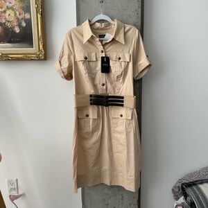 Beige Dress Black leather detail